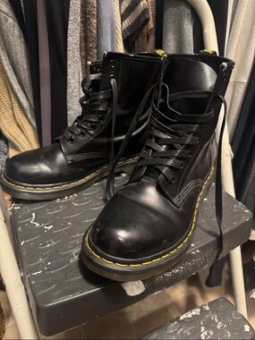 Dr. Martens Black Leather Ankle Boots with Yellow Stitching